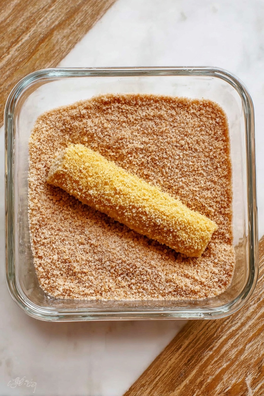 Cinnamon Roll French Toast Roll Ups, cinnamon roll breakfast, easy French toast recipes, weekend breakfast ideas, cinnamon dessert breakfast - A clear square glass container is filled with light brown breadcrumbs, creating a fine, grainy texture across the bottom. In the middle, a single, elongated food item coated in yellow batter rests partially covered by breadcrumbs, with a slightly rough texture from the coating. The scene is set on a white marbled surface, showing some wooden edge at the top. photo taken with an iphone --ar 2:3 --v 7