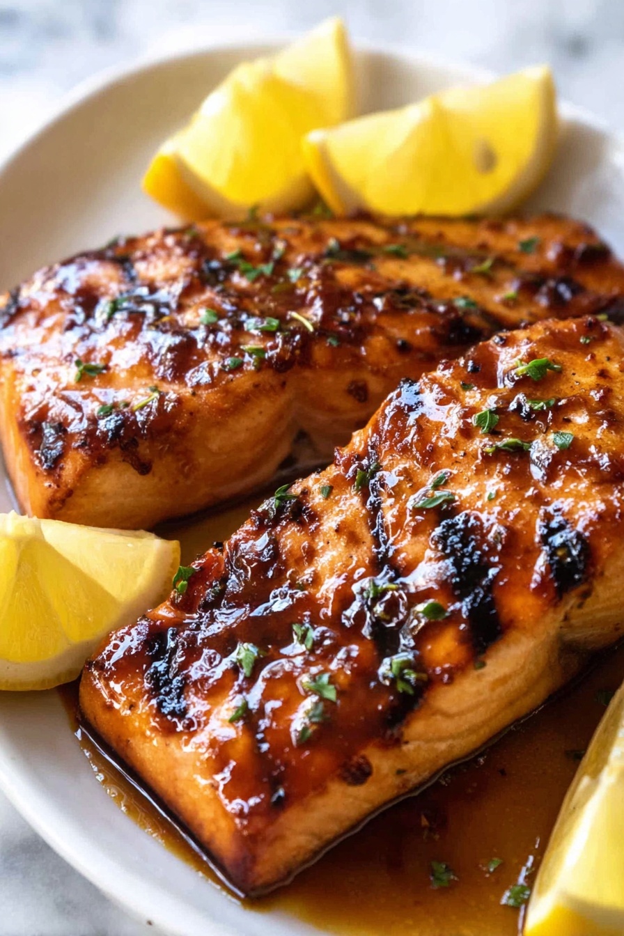 Marinated Grilled Salmon, flavorful grilled salmon recipes, easy healthy seafood dinner, citrus honey salmon marinade, smoky grilled salmon - The image shows two pieces of grilled salmon placed close to each other on a white plate with a white marbled surface in the background. Each salmon piece has a shiny, golden-brown glaze with some darker char marks and small bits of herbs visible on top. One piece is topped with a thin lemon slice, while the other piece has no topping. A woman's hand is holding a spoon above the salmon, pouring a thick, golden sauce over the fish, which creates a drip mid-flow. To the right side of the plate, a lemon wedge is placed, adding a yellow contrast. The overall look is rich and fresh, emphasizing the glazed texture and juicy appeal of the salmon photo taken with an iphone --ar 2:3 --v 7