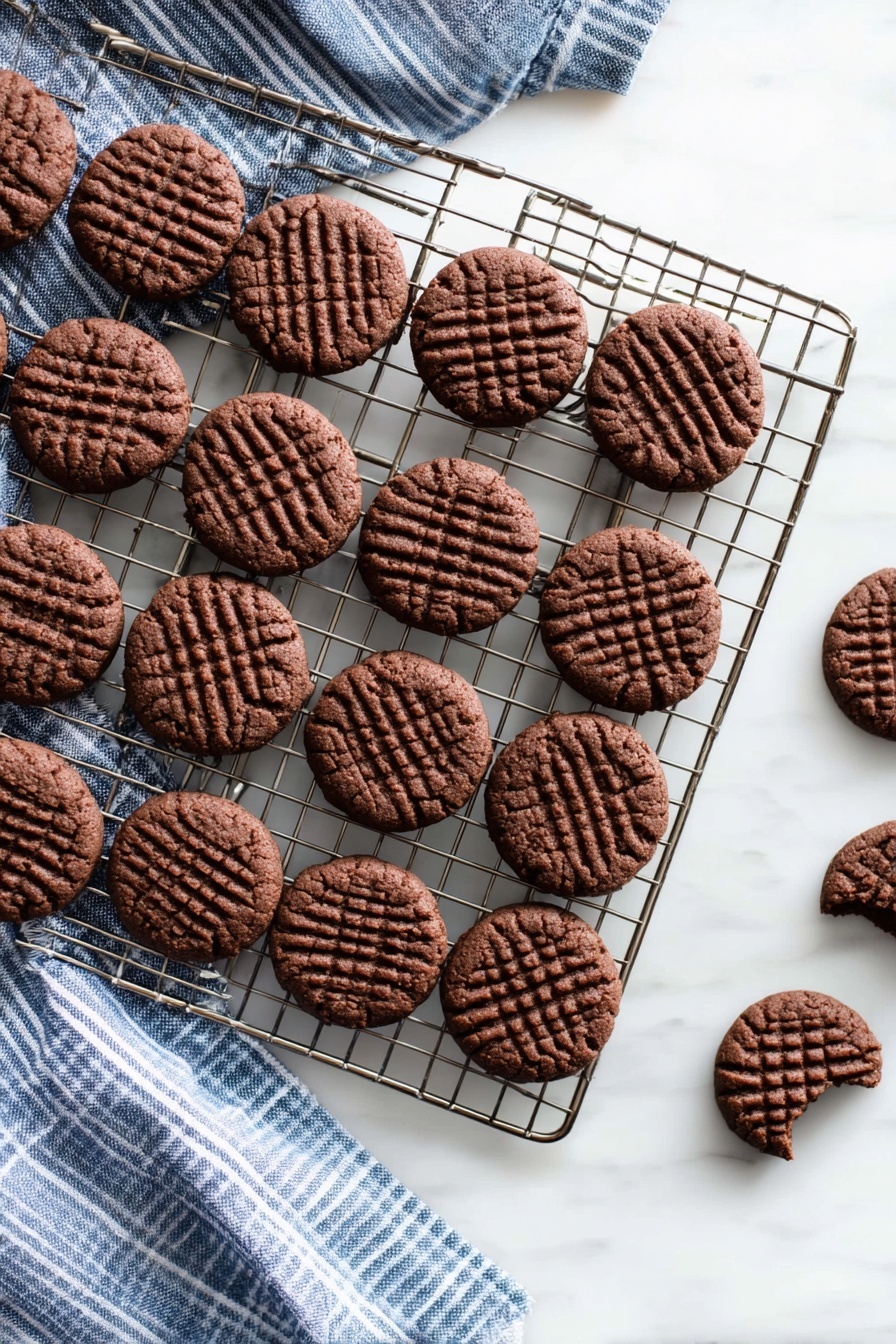 Chocolate Peanut Butter Cookies, peanut butter chocolate cookies, easy chocolate cookies, soft peanut butter cookies, fudgy peanut butter cookies - A metal wire cooling rack filled with two rows of small, round, dark brown chocolate cookies, each with a crosshatch pattern pressed into the top. Below and around the rack, a white marbled surface partly covered with a blue and white striped cloth is visible. A few cookies are scattered near the bottom right edge of the rack, with one cookie showing a bite taken out of it. The overall feel is warm and fresh from baking. photo taken with an iphone --ar 2:3 --v 7