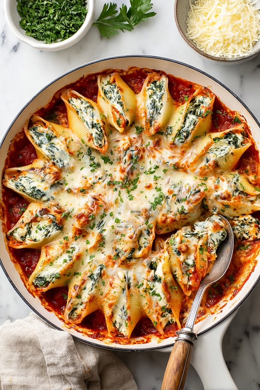 Cheese Stuffed Shells with Spinach, cheese stuffed shells, spinach stuffed pasta, baked stuffed shells, cheesy spinach pasta - A white bowl filled with a baked dish that has one layer of shells stuffed with cheese and small green spinach leaves inside. The shells are placed close together in a circular pattern, covered by melted white cheese with golden brown spots and some red tomato sauce visible between the shells. The dish is garnished with finely chopped green herbs on top. The bowl is on a white marbled surface. photo taken with an iphone --ar 2:3 --v 7