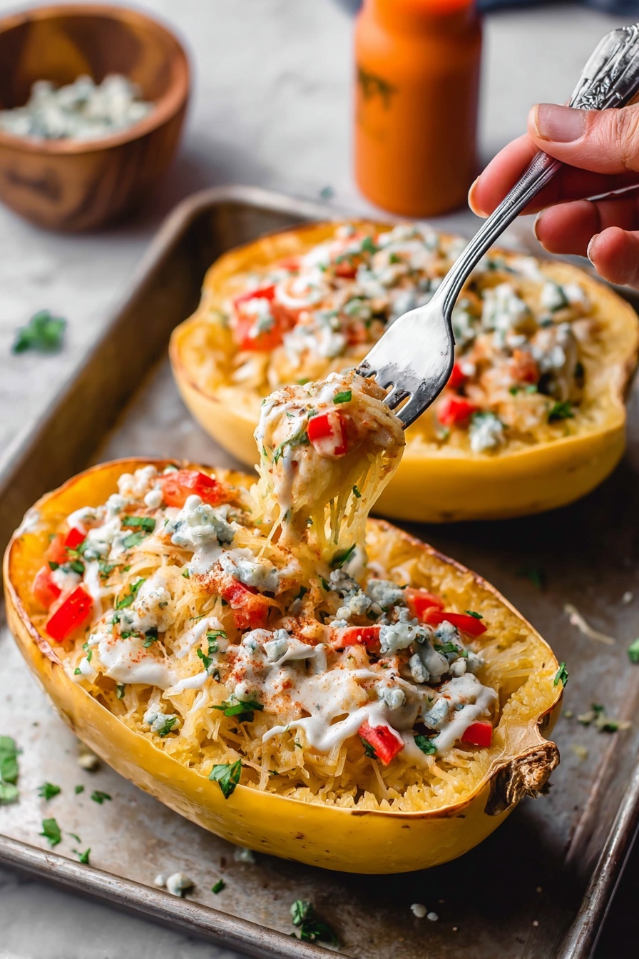 Buffalo Chicken Stuffed Spaghetti Squash, healthy buffalo chicken dinner, spicy stuffed squash recipe, low-carb buffalo chicken meal, easy baked spaghetti squash - The dish shows two halved spaghetti squashes filled with a colorful mix of shredded yellow cheese, orange chicken, and chopped red bell peppers, topped with a drizzle of white sauce and sprinkled black pepper. Fresh green herbs like cilantro and sliced green onions add a touch of green on top. The halves rest on a dark baking sheet with a few sauce drips around them, all set on a white marbled surface. The texture looks creamy and cheesy with some chunky pieces of vegetables. photo taken with an iphone --ar 2:3 --v 7