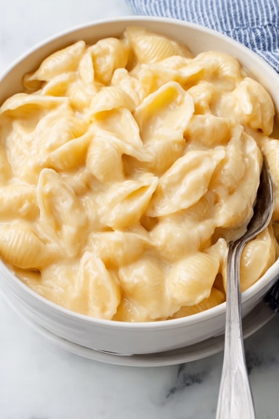 Creamy Mac and Cheese, creamy mac and cheese recipe, homemade mac and cheese, cheesy mac and cheese, best mac and cheese - A close-up image of a pot filled with creamy pasta shells coated in a smooth, pale yellow cheese sauce, showing the small pasta pieces evenly covered and mixed in the thick sauce. A black spoon lifts a scoop of the cheesy pasta, showing the soft texture of the sauce and the shapes of the shells, with small specks of black pepper visible. The pot is placed on a white marbled surface. photo taken with an iphone --ar 2:3 --v 7