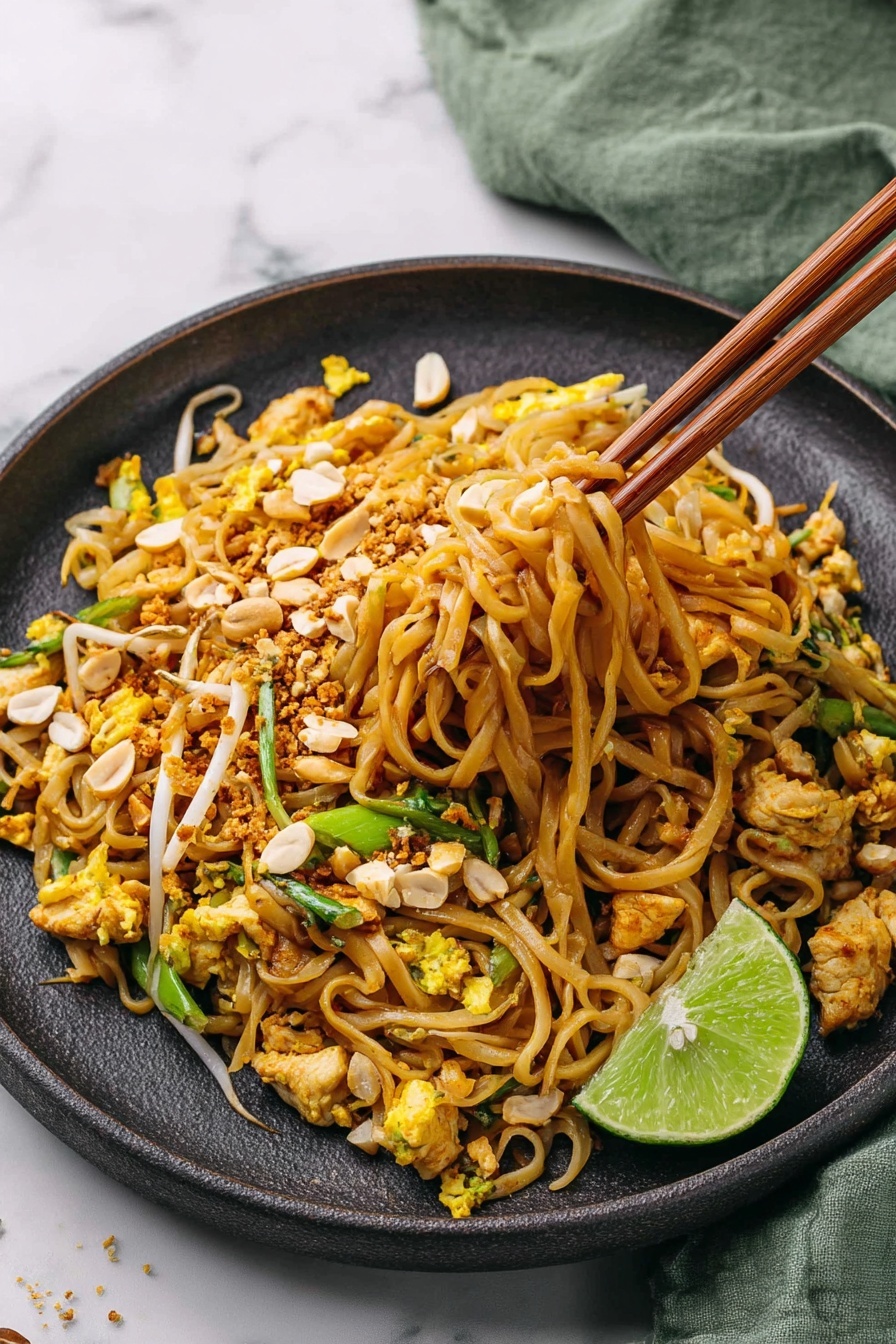 Easy Chicken Pad Thai, Thai Chicken Pad Thai, homemade Pad Thai, quick Chicken Pad Thai, authentic Thai stir-fry - A dark round plate holds a pile of stir-fried noodles mixed with small pieces of light brown chicken and scrambled egg in yellow chunks. Bright green vegetable pieces are scattered throughout, with white sliced peanuts sprinkled on top. A wedge of lime rests on the side of the plate. A pair of wooden chopsticks lifts a twisted clump of noodles from the right side of the plate. The scene is set on a white marbled surface with a soft green cloth in the background. Photo taken with an iphone --ar 2:3 --v 7