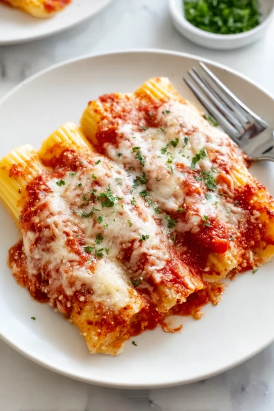 Easy Manicotti with Tomato Sauce, homemade manicotti, cheesy Italian pasta, simple Italian dinner recipe, comforting pasta dishes - The image shows three stuffed pasta shells on a white plate, covered with melted white cheese and bright red tomato sauce. The pasta shells are golden yellow with a slightly textured surface, and the cheese is soft and bubbly with small patches of light brown where it has browned. The tomato sauce has a chunky texture with bits of tomato and herbs mixed in. Small green parsley flakes are sprinkled on top for color. Next to the plate, a silver fork rests on a white marbled tabletop. Photo taken with an iphone --ar 2:3 --v 7