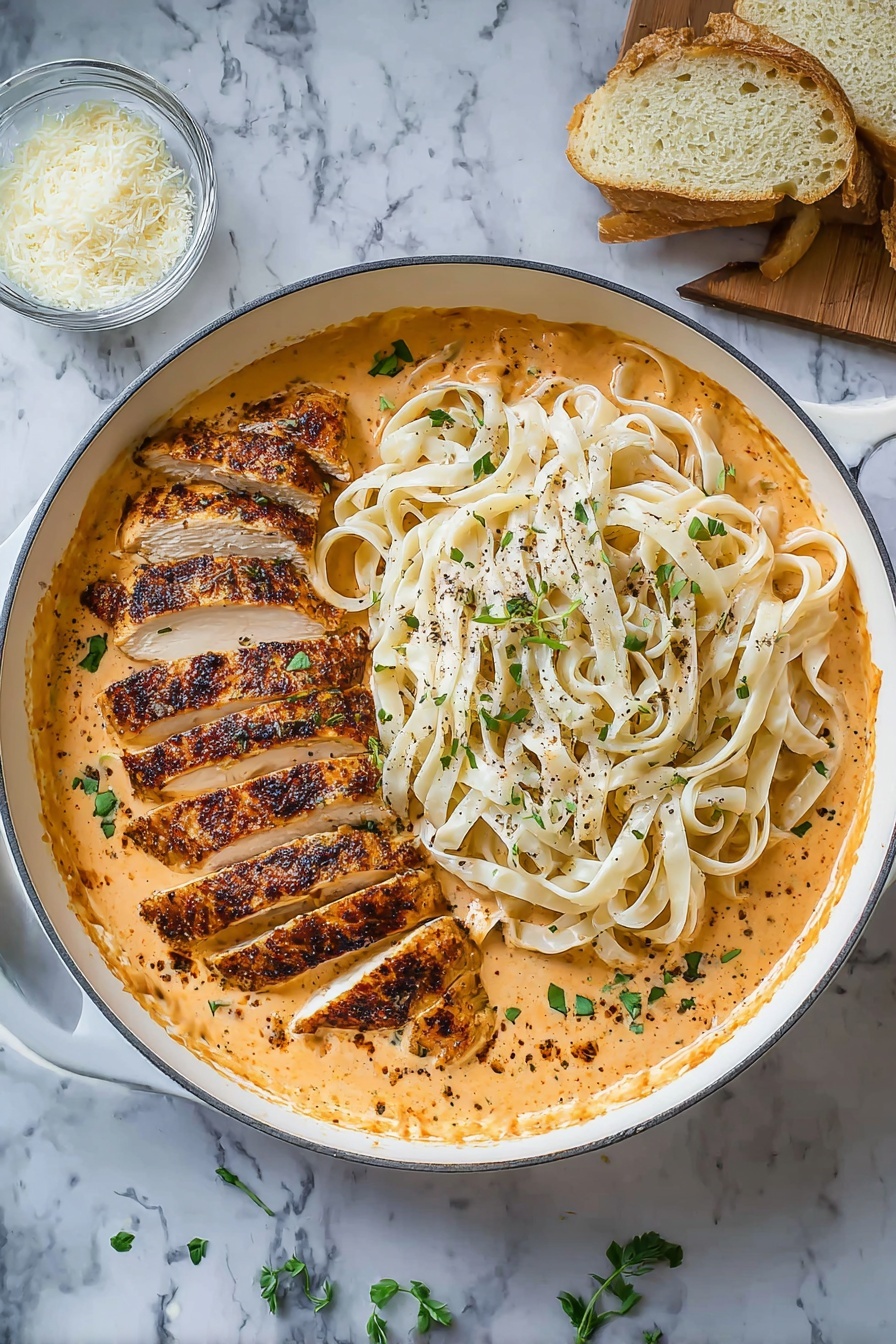 Creamy Cajun Chicken Pasta, Cajun Chicken Pasta, Creamy Pasta Recipes, Spicy Chicken Pasta, Easy Dinner Recipes - A white round pan filled with creamy orange sauce covers the bottom layer, topped with two sections of white fettuccine pasta, loosely piled with a smooth texture and sprinkled with black pepper. On the left side, sliced grilled chicken with a crispy, dark brown crust is layered neatly over the sauce. Small green herb leaves are scattered over the chicken and pasta for garnish. A small glass bowl with grated cheese sits nearby on a white marbled surface along with two slices of bread. Photo taken with an iphone --ar 2:3 --v 7