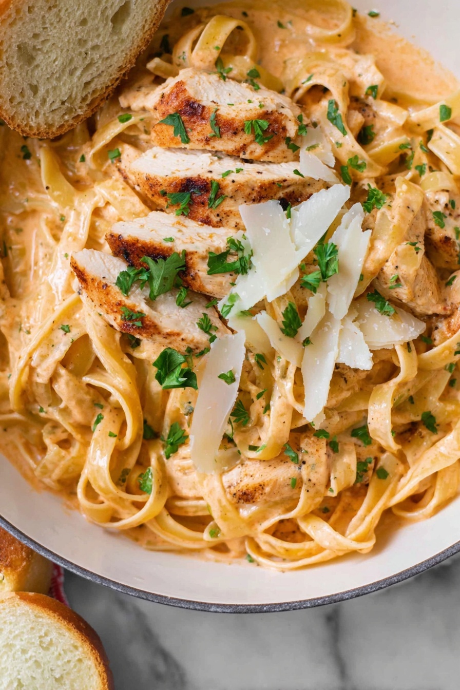 Creamy Cajun Chicken Pasta, Cajun Chicken Pasta, Creamy Pasta Recipes, Spicy Chicken Pasta, Easy Dinner Recipes - A white bowl filled with creamy fettuccine pasta covered in a light orange sauce, mixed with grilled sliced chicken pieces that have a golden brown outside. On top, there are scattered green parsley leaves and thin white shavings of cheese. The sauce looks smooth and well-coated around the thick pasta strands. The bowl sits on a white marbled surface with a slice of light bread partially shown at the bottom left corner. photo taken with an iphone --ar 2:3 --v 7