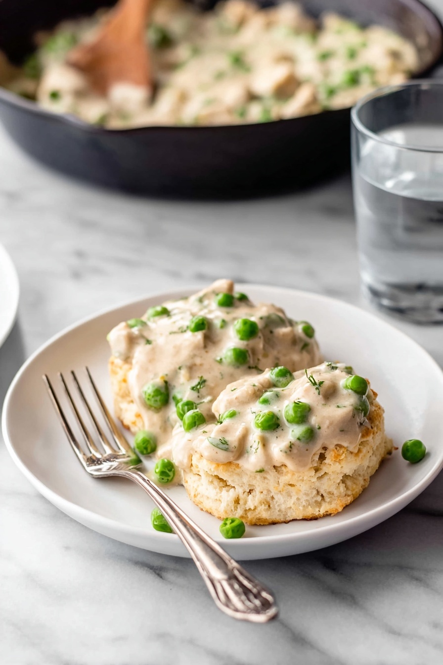 Creamed Chicken Over Biscuits, creamy chicken and biscuits, comforting chicken dinner, easy chicken recipes, quick dinner ideas - A white plate holds a fluffy biscuit broken into two halves, with a creamy sauce covering both pieces. The sauce is thick and beige in color, mixed with bright green peas and small chunks of white meat, spread evenly over the biscuit. To the left side of the plate, there is a silver fork resting with the handle pointing outward. The plate sits on a white marbled surface. In the background, slightly blurred, there is a black skillet with more creamy sauce inside and a wooden spoon resting on it. To the right, a tall clear glass filled with water is visible. photo taken with an iphone --ar 2:3 --v 7