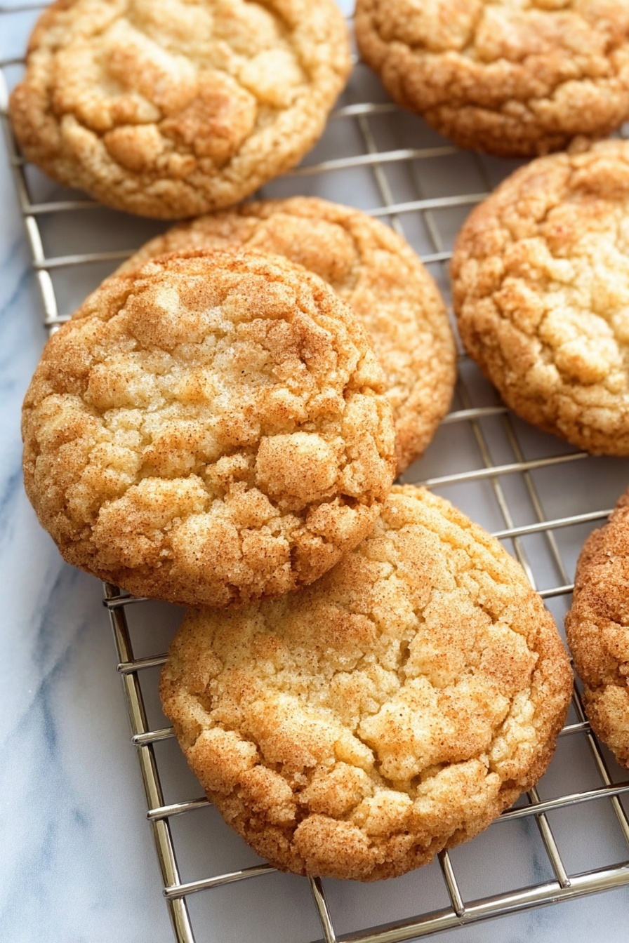 Peanut Butter Oatmeal Cookies, chewy peanut butter cookies, easy oatmeal cookies, healthy cookies with peanut butter, quick oatmeal cookie recipe - Several round cookies with cracked light golden-brown tops rest on a metal cooling rack. The cookies have a slightly uneven texture with some darker golden spots, showing a soft inside and a lightly crisp outside. The cooling rack is placed on a white marbled surface, and the cookies overlap each other slightly. Photo taken with an iphone --ar 2:3 --v 7