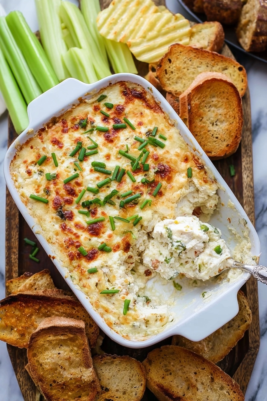 Baked Bacon Blue Cheese Dip, blue cheese dip recipe, bacon dip appetizer, creamy cheese dip, crowd-pleasing party dip - A white rectangular baking dish filled with a creamy, baked cheese dip that is golden and slightly browned on top, sprinkled with chopped green chives. The dip shows a scoop taken out from the top right corner, revealing a thick, creamy inside with bits of darker ingredients mixed in. The dish is placed on a wooden board surrounded by crisp, golden-brown toasted slices of bread, light green celery sticks, and ridged potato chips that are pale yellow with some darker spots. The background is a white marbled surface. photo taken with an iphone --ar 2:3 --v 7