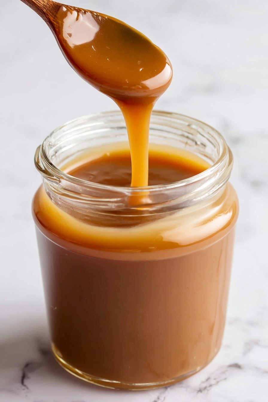 Homestyle Caramel Sauce, easy caramel sauce recipe, homemade caramel topping, quick caramel sauce, rich butter caramel - A clear glass jar filled nearly to the top with smooth, shiny caramel sauce that has a rich golden brown color. A wooden spoon is held just above the jar, dripping thick caramel back into the jar, showing the sauce’s thick but flowing texture. The background and surface underneath are white with a subtle marbled look, making the warm caramel color stand out. photo taken with an iphone --ar 2:3 --v 7