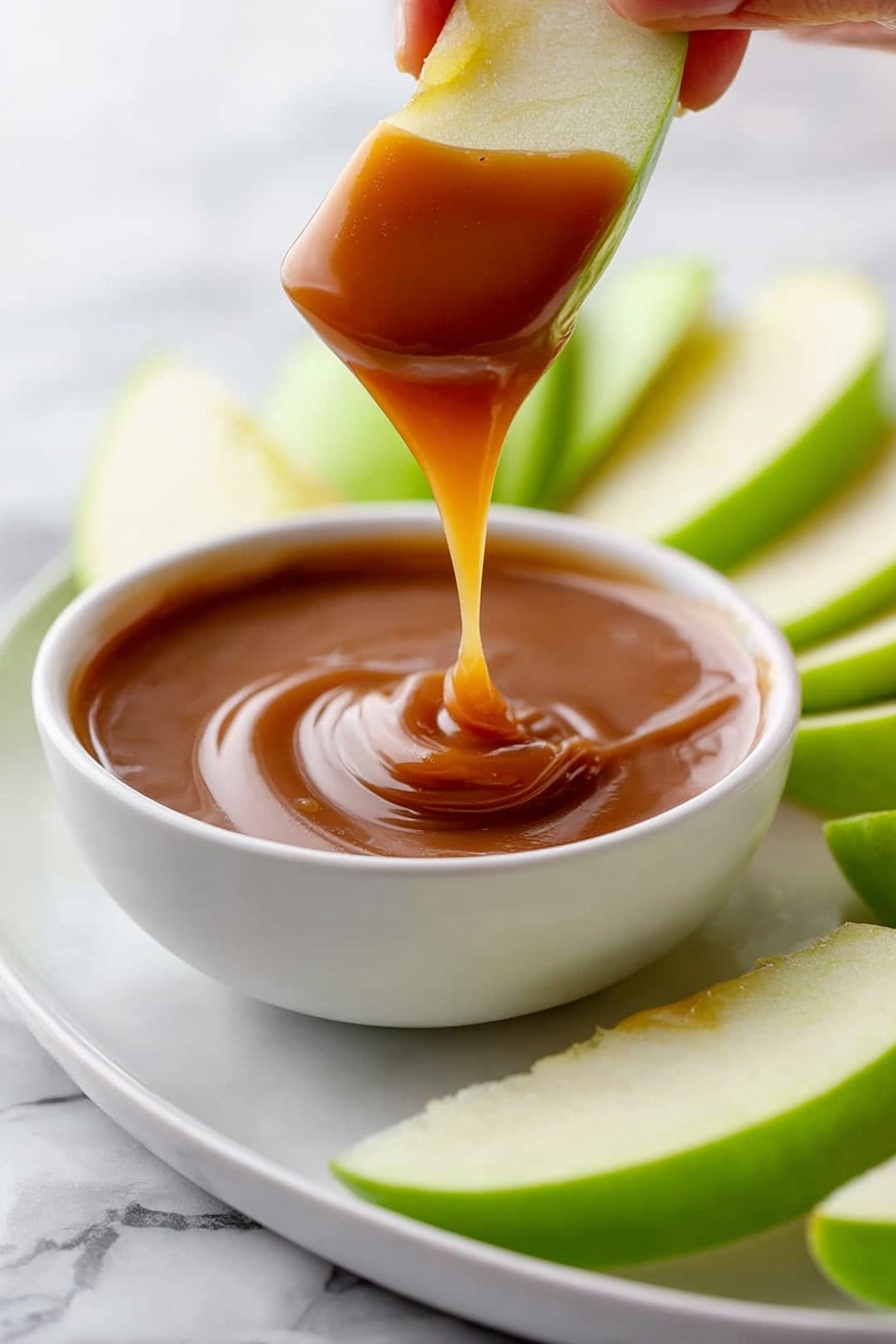 Homestyle Caramel Sauce, easy caramel sauce recipe, homemade caramel topping, quick caramel sauce, rich butter caramel - A white bowl filled with shiny caramel sauce is in the center, with caramel dripping off a green apple slice being held by a woman's hand above it. Around the bowl, there are several green apple slices arranged in a fan shape on a white plate. The surface below is a white marbled texture. The caramel sauce looks smooth and thick, and the apple slices are fresh and crisp, showing their juicy inside. photo taken with an iphone --ar 2:3 --v 7