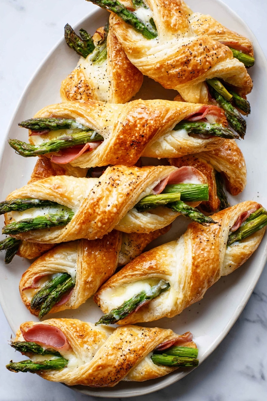 Asparagus Puff Pastry Bundles, asparagus appetizer, puff pastry recipes, prosciutto and cheese pastries, elegant spring appetizers - The image shows a white oval plate full of golden brown puff pastry twists. Each twist has three to four bright green asparagus spears sticking out from the open ends. Inside the puff pastry, melted white cheese is visible, along with thin slices of pink ham peeking through. The pastry has a slightly shiny surface with small black pepper specks on top. The plate is placed on a white marbled surface, creating a clean contrast with the warm colors of the food. photo taken with an iphone --ar 2:3 --v 7
