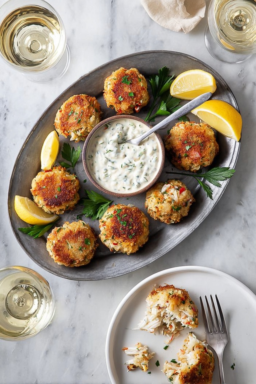 Spicy Crab Cake Poppers, crab cake appetizers, spicy seafood bites, crunchy crab bites, easy crab appetizers - The image shows a gray metal oval plate on a white marbled surface holding eight golden-brown crab cakes with visible bits of red and green inside. In the center of the plate is a white bowl filled with a creamy white sauce with green herbs mixed in, and a spoon inside it. Lemon wedges and green parsley sprigs are placed around the plate for garnish. Next to this plate, on the bottom right, a white plate holds two crab cakes with some sauce on the side, and a fork cutting into one crab cake showing a light interior filled with crab meat and herbs. Two glasses of white wine are visible at the top left corner. Photo taken with an iphone --ar 2:3 --v 7