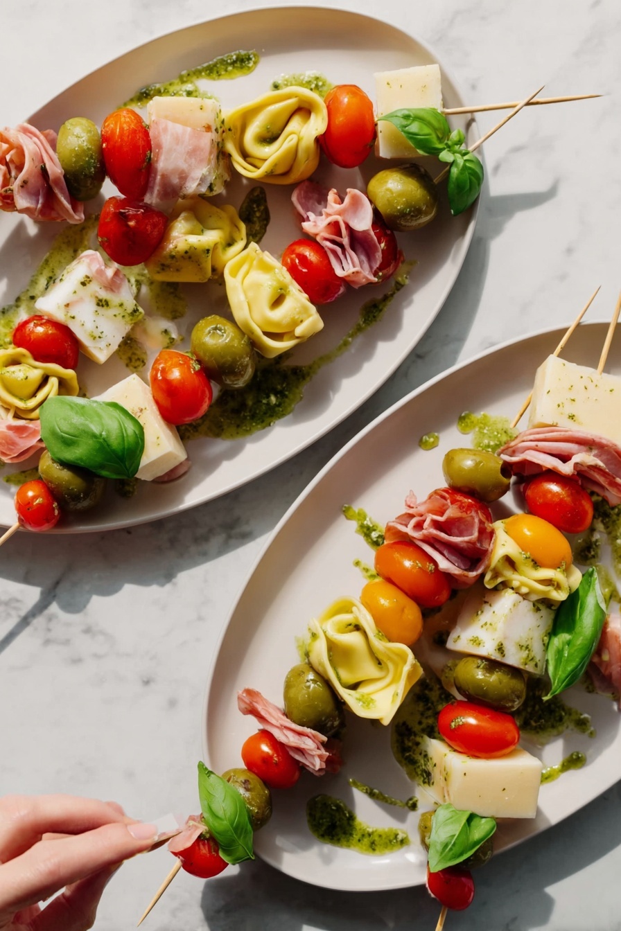 Antipasto Skewers with Tortellini and Cheese, Italian appetizer recipes, easy party appetizers, cheese and charcuterie skewers, make-ahead appetizer ideas - The image shows white oval plates on a white marbled surface, each holding colorful food skewers. Each skewer has multiple layers starting with a green olive or cherry tomato followed by folded light pink cold cuts, a folded yellow tortellini pasta, a bright green basil leaf, a block of pale yellow cheese, and more cherry tomatoes. Some green sauce is drizzled on the white plates around the skewers, and a woman's hand is reaching to pick one from the lower plate. The scene is bright and clean with vivid colors on a simple white marble background photo taken with an iphone --ar 2:3 --v 7