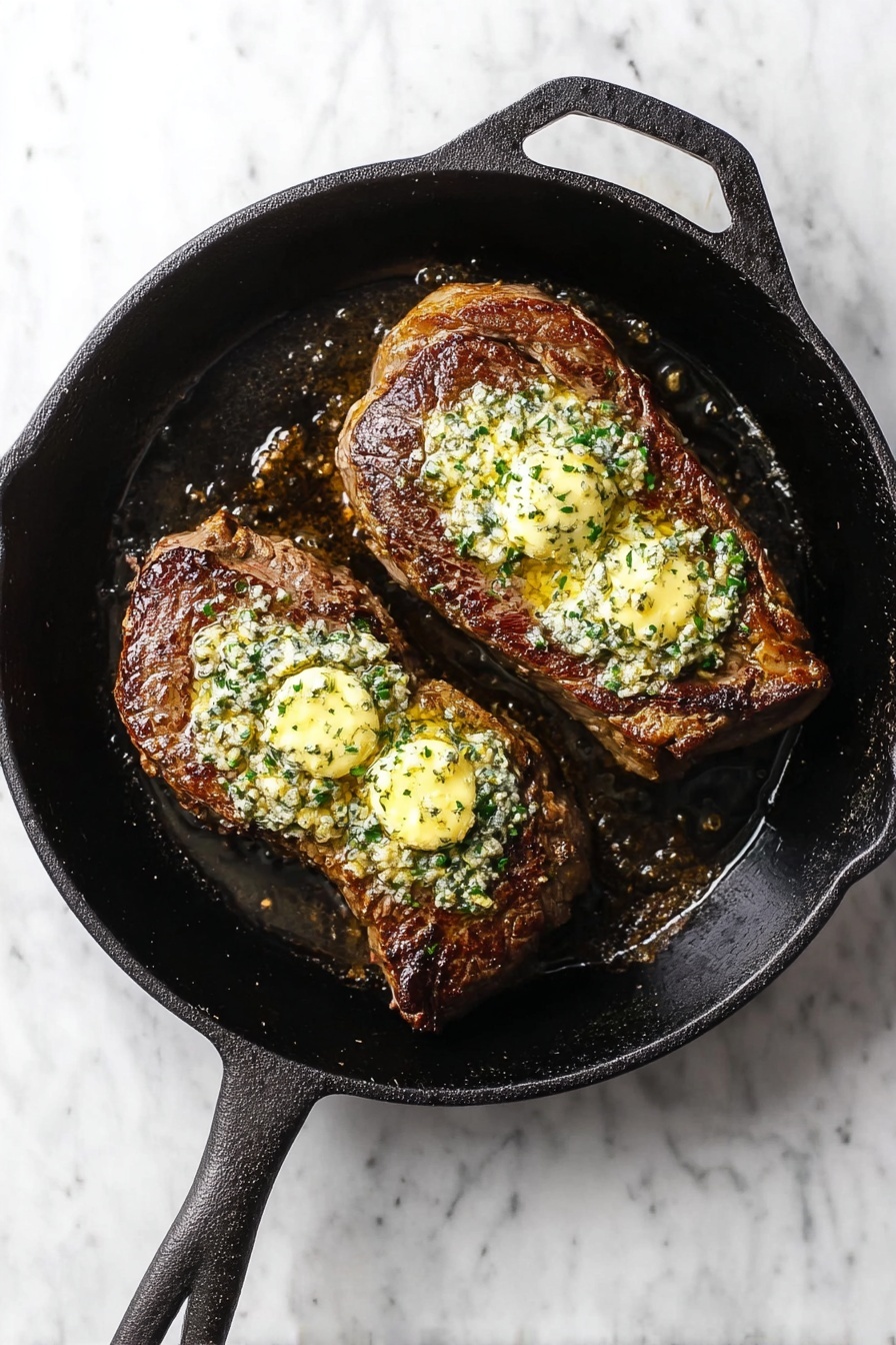 Herb Garlic Butter Beef Tenderloin, classic beef tenderloin roast, garlic herb steak, elegant beef dinner, juicy beef tenderloin - Two cooked steaks rest inside a black cast iron pan placed on a white marbled surface. Each steak has a seared brown exterior with a slightly crisp texture on top. Generous dollops of melted herb butter, yellow with bits of green herbs, sit on each steak, spreading slightly and adding a creamy contrast to the rich meat. The pan has a handle to the right and shows some cooking marks and oils around the steaks. Photo taken with an iphone --ar 2:3 --v 7