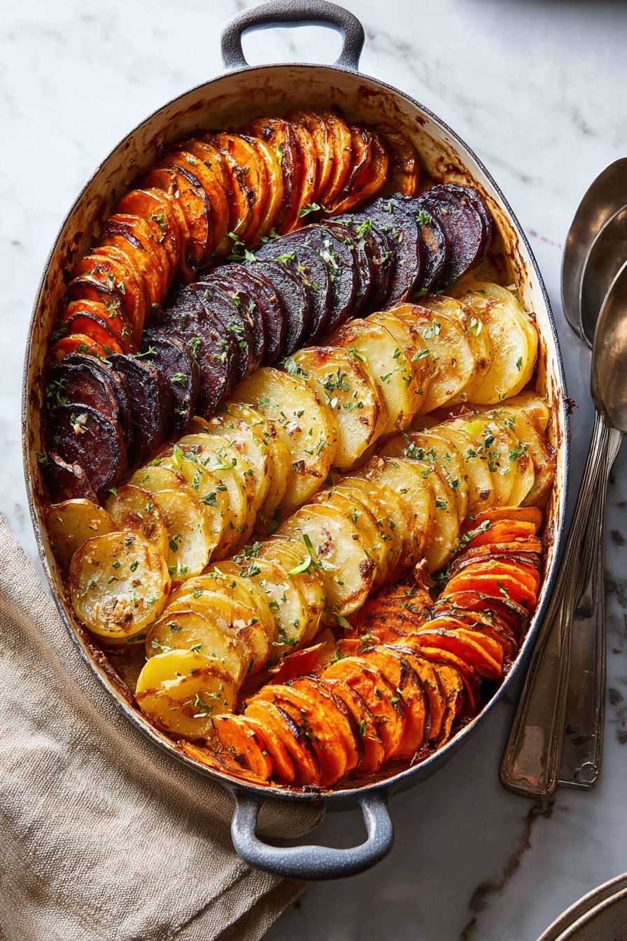 Cheesy Root Vegetable Gratin, root vegetable gratin, cheesy vegetable bake, creamy root veggie dish, seasonal vegetable side - This dish shows an oval white metal pan with five rows of thinly sliced vegetables arranged standing up in neat, overlapping layers. Starting from the top, the first row is dark orange sweet potatoes with a slightly crispy browned edge. The second row has pale yellow sliced potatoes with a light golden crust and some green herbs on top. The third row consists of deep purple slices, possibly beets, with a shiny, roasted look and a few sprinkle of herbs. The fourth row repeats the bright orange sweet potatoes with a rich roasted color and some herbs scattered on top. The last row at the bottom shows pale yellow potatoes again with gentle browning and fresh herbs. The pan is on a white marbled surface with a beige cloth and a silver spoon to the right. Photo taken with an iphone --ar 2:3 --v 7