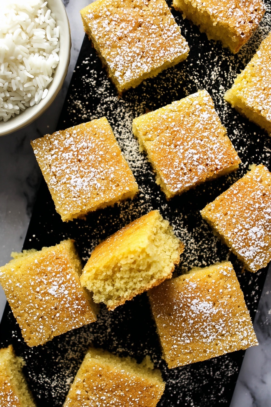 Coconut Milk Snack Cake, moist coconut cake, easy coconut cake recipe, quick snack cake, coconut dessert - The image shows several square pieces of golden yellow cake with a soft, crumbly texture, spread out on a black background with powdered sugar lightly dusted over the top of each piece. One piece is turned to show the inside, revealing a moist and airy crumb. In the top left corner, a white bowl filled with fluffy white rice is partially visible. The scene is set against a white marbled texture. photo taken with an iphone --ar 2:3 --v 7