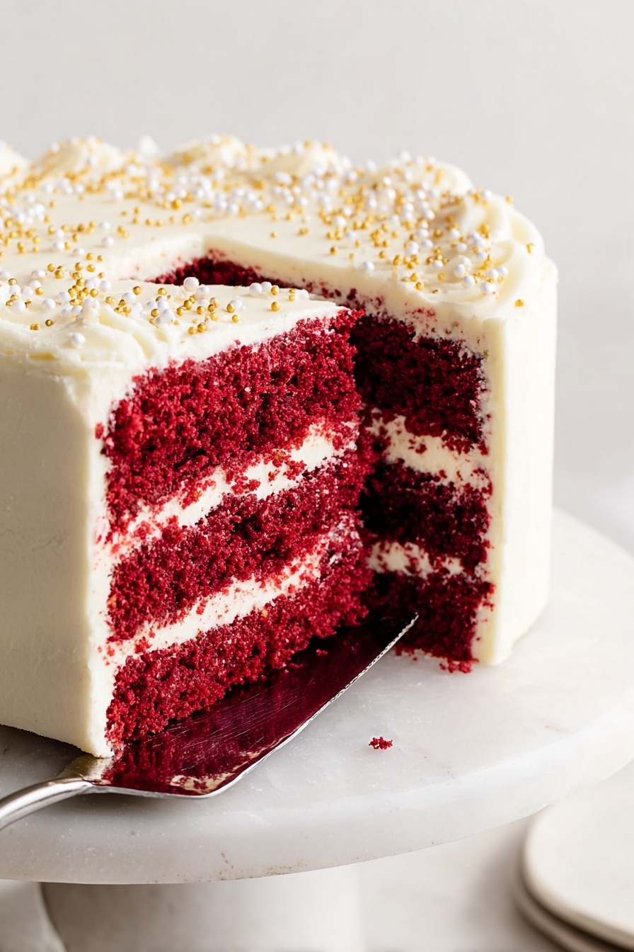 Red Velvet Cake with Cream Cheese Frosting, easy Red Velvet Cake recipe, moist red velvet cake, homemade red velvet cake, celebration Red Velvet Cake - The image shows a three-layer red velvet cake with rich red layers separated by white creamy frosting. The outside of the cake is covered in smooth white frosting, decorated with small white and gold round sprinkles on top. The cake slice is lifted slightly with a silver cake server on a white marbled cake stand, against a plain light-colored background. Photo taken with an iphone --ar 2:3 --v 7
