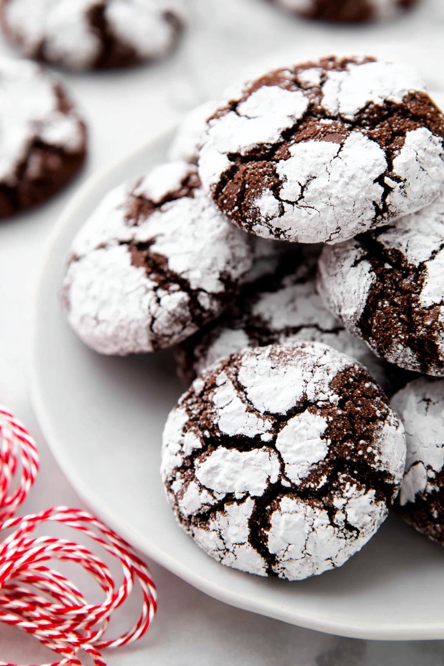 Chewy Chocolate Crinkle Cookies, chocolate crinkle cookies, fudgy cookie recipe, crackled chocolate cookies, best chocolate cookie recipe - A close-up view of several round chocolate cookies with cracked surfaces, each cookie topped with a thick layer of white powdered sugar that settles unevenly in the cracks, creating a textured look. The cookies are piled on a smooth, white plate, with a glimpse of red and white twisted string nearby on a white marbled surface background. The overall color contrast between the deep dark brown of the cookies and the bright white powdered sugar is strong and clear, highlighting the rough but soft texture of the treats. Photo taken with an iphone --ar 2:3 --v 7