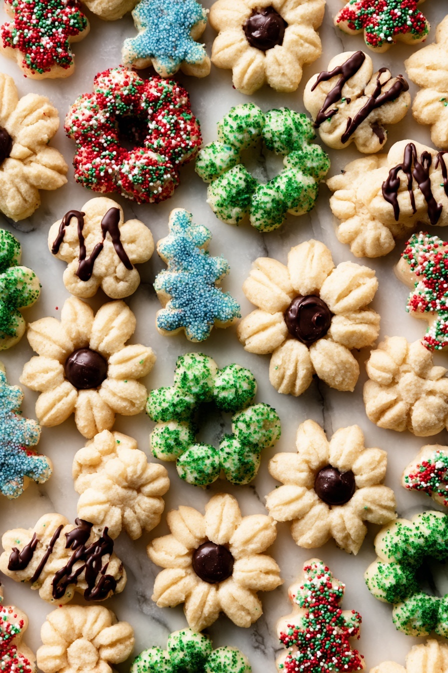 Spritz Cookies, buttery spritz cookies, holiday cookies, crisp-edged cookies, homemade spritz cookies - The image shows many small cookies in different shapes and colors spread over a white marbled surface. There are five main cookie shapes: light beige flower shapes with blue or red sugar sprinkles, green round wreath shapes with red, green, and white sprinkles, light beige flower shapes with a dark brown chocolate round center and dark brown chocolate drizzle lines, light beige rectangular shapes with blue sugar sprinkles, and light beige Christmas tree shapes decorated with red and green sprinkles. Each cookie has a soft, piped texture with visible ridges and details. The mix of green, beige, red, blue, and dark brown colors creates a festive and colorful look. photo taken with an iphone --ar 2:3 --v 7