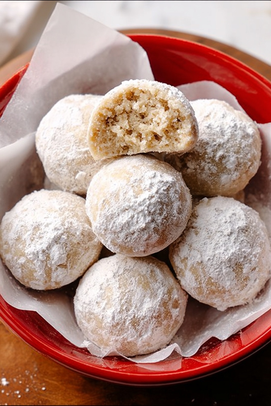 Snowball Cookies, Snowball Cookies Recipe, buttery melt-in-your-mouth cookies, holiday cookie ideas, easy snowball cookies - A red bowl filled with round cookies covered in white powdered sugar. The cookies are pale beige with a rough but soft texture, and one cookie near the top is broken showing a dense, crumbly inside of a light beige color. The powdered sugar is thickly dusted, especially on the top cookies, making their surface look snowy and textured. The bowl is lined with white paper. Photo taken with an iphone --ar 2:3 --v 7