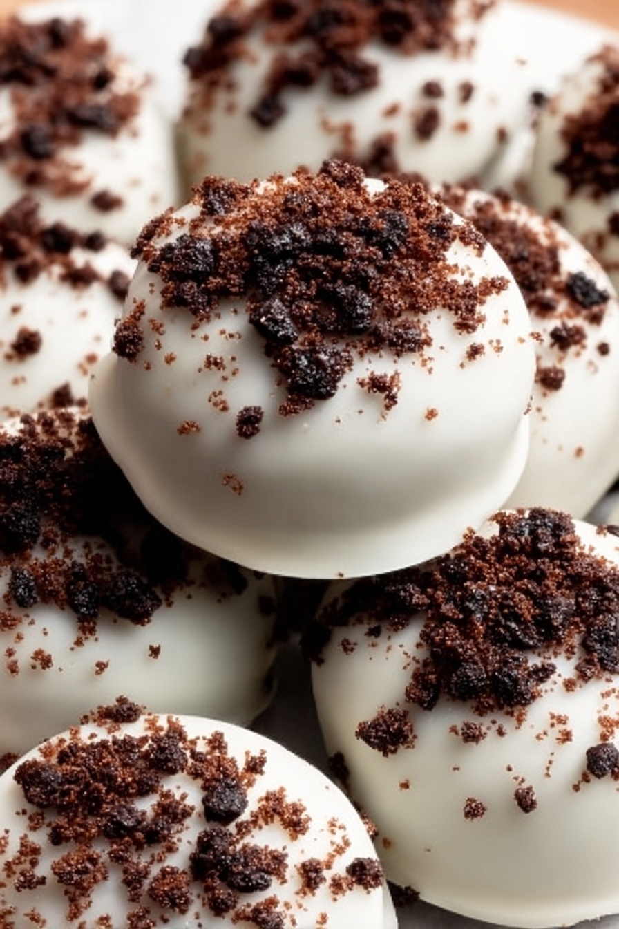 Easy Oreo Truffles, Oreo Truffles recipe, no-bake Oreo dessert, chocolate Oreo truffles, quick Oreo treats - A close-up view of round bite-size treats arranged in several layers on a wooden plate. Each treat has a smooth white outer layer with a slightly shiny texture, topped with dark brown crumbly bits that add a rough texture. The treats are densely packed, overlapping each other, showing contrast between the bright white coating and the textured dark topping. The background is a white marbled surface. photo taken with an iphone --ar 2:3 --v 7