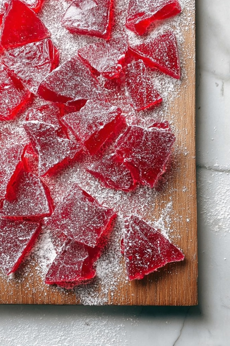 Cinnamon Rock Candy, Cinnamon Rock Candy Recipe, Homemade Cinnamon Candy, Spicy Cinnamon Candy, Candy Making with Cinnamon Oil - The image shows many pieces of bright red candy with a shiny, glass-like texture scattered over a wooden board. The candy is broken into various shapes and sizes, some triangular and some irregular, all dusted with a light layer of white powdered sugar. The wooden board stands on a white marbled surface with some powdered sugar spilled outside the board, adding contrast to the scene. photo taken with an iphone --ar 2:3 --v 7