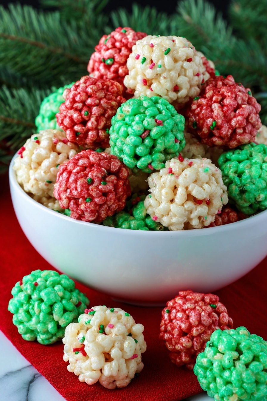 Festive Christmas Rice Krispie Bites, Christmas holiday treats, easy holiday desserts, colorful Krispie treats, no-bake Christmas snacks - A white bowl full of small, round rice cereal treats in three colors: creamy white, bright red, and bright green, each ball showing a bumpy, sticky texture with tiny colorful sprinkles throughout. The balls are piled high inside the bowl with a few placed outside on a red cloth, all set against a green pine needle background with a white marbled surface below. The image shows the rice cereal clusters close up, highlighting their shiny, textured surfaces. photo taken with an iphone --ar 2:3 --v 7