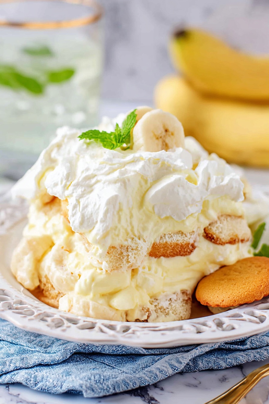 Banana Pudding, Easy Banana Pudding, Classic Banana Pudding, Creamy Banana Dessert, No-Bake Banana Pudding - The image shows a close-up view of a creamy layered dessert on a white plate with intricate cut-out edges, sitting on a blue and white cloth on a white marbled surface. The dessert has three main layers: at the bottom and middle, there are soft cake or biscuit layers soaked in cream, pale yellow in color with some visible pieces of banana slices. Between these layers are thick, light-yellow cream fillings that look smooth and fluffy. The top layer is white whipped cream, thickly spread over the dessert, slightly uneven with soft peaks. A small bright green mint leaf and a single round, golden-yellow cookie or biscuit sit near the back of the dessert for decoration. The background includes a glass of water with mint, out of focus bananas, and a white marbled texture. photo taken with an iphone --ar 2:3 --v 7