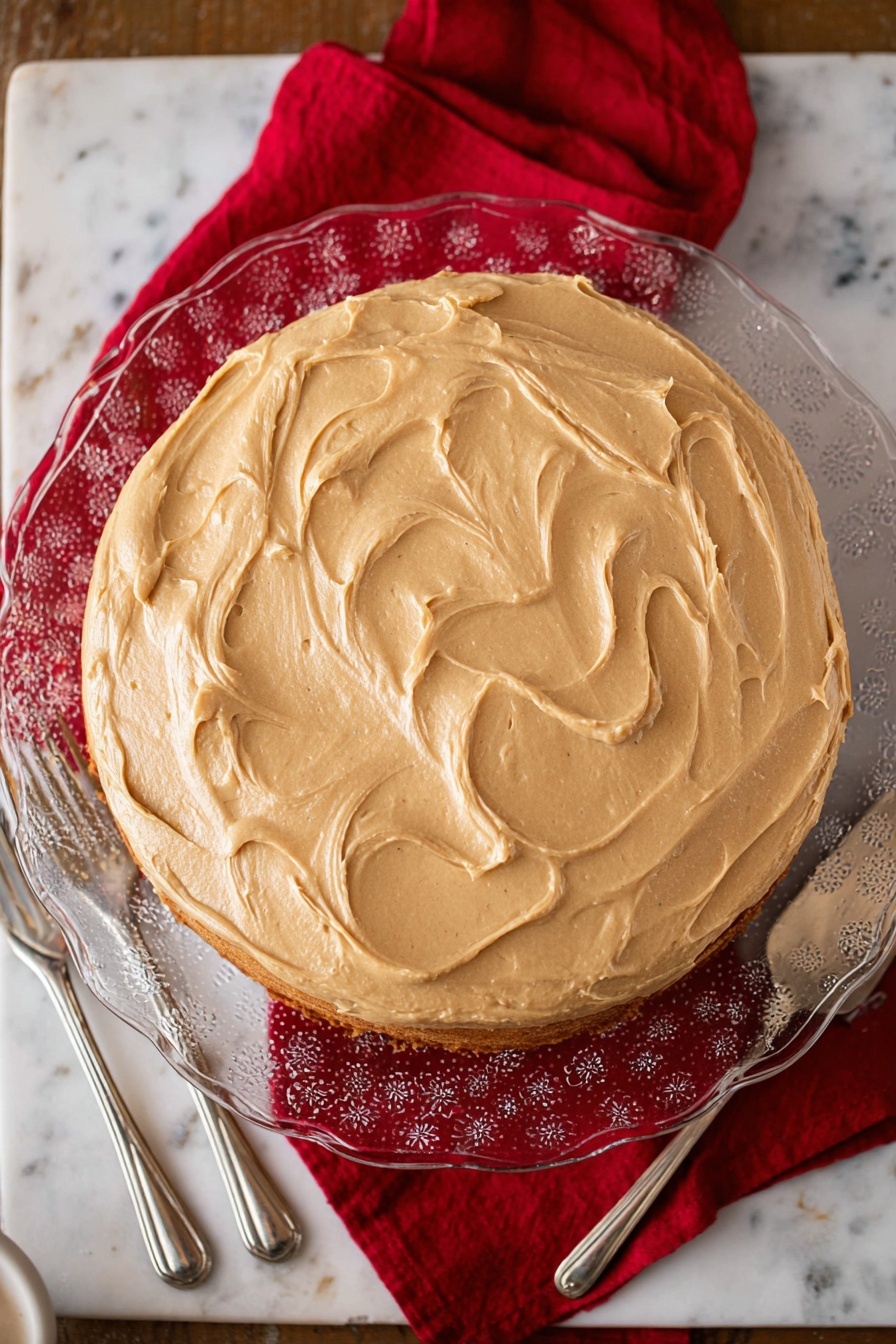 Apple Spice Cake with Caramel Icing, fall dessert recipes, moist apple cake, homemade caramel frosting, cozy autumn cakes - A round cake with one visible layer is covered evenly with smooth light brown frosting that has soft swirls on top. The cake sits on a clear glass plate with a floral pattern, placed on a white marbled surface with a red cloth underneath the plate. Two silver forks are on the left side of the plate, and a silver cake server is on the right side. The scene is well-lit, showing the texture of the frosting clearly photo taken with an iphone --ar 2:3 --v 7