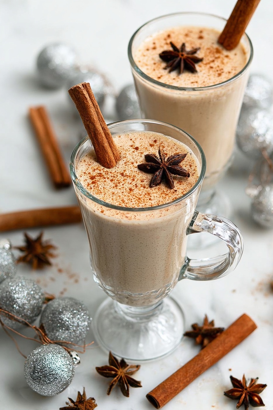 Homemade Eggnog, festive eggnog recipe, holiday eggnog, creamy spiced eggnog, homemade Christmas drinks - A clear glass mug filled with a thick, light brown creamy drink, topped with a dusting of brown spice powder, a whole cinnamon stick placed vertically on the left side, and a dark brown star anise resting near the top right edge of the drink. The mug has a clear handle on the right side and sits on a white marbled surface with a floating star anise and whole nutmeg along with cinnamon sticks spread around it. Near the top right corner, there is a second glass filled with a similar drink topped with brown spice powder. The scene includes small silver bells to the sides, giving a cozy, festive feel. Photo taken with an iphone --ar 2:3 --v 7