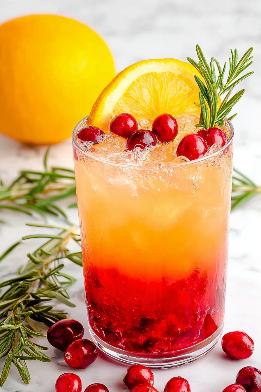 Festive Cranberry Orange Punch, holiday fruit punch, Christmas party drinks, sparkling holiday punch, easy holiday beverage - The image shows a clear glass filled with a three-layer drink, placed on a white marbled surface. The bottom layer is bright red with small crushed pieces that look like cranberries. The middle layer is light orange, smooth and clear. The drink is topped with ice cubes on the top layer. On the surface of the drink, there is a lemon slice leaning against the glass, a sprig of fresh rosemary, and several whole red cranberries. Around the glass, there are fresh red cranberries scattered and several green rosemary sprigs. In the background, a large yellow lemon sits slightly blurred. The photo taken with an iphone --ar 2:3 --v 7