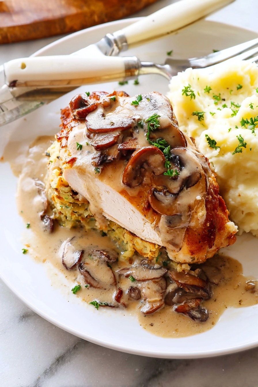 Stuffed Chicken Marsala with Mushroom Sauce, Chicken Marsala with Mushroom and Cheese Filling, Easy Stuffed Chicken Recipes, Elegant Chicken Marsala Dish, Creamy Mushroom Chicken Dinner - The image shows a dish with three main layers stacked on a white plate sitting on a white marbled surface. The bottom layer is a light golden-brown crispy base with visible green and orange bits inside, hinting at vegetables or herbs mixed in. The middle layer is thick and creamy in an orange-beige color, partially oozing onto the plate. The top layer is a smooth, light beige piece covered with a rich brown mushroom sauce dotted with small mushroom slices and green parsley leaves. Mushroom sauce also spreads around the base on the plate. There is a blurred white knife and silver fork in the background. photo taken with an iphone --ar 2:3 --v 7