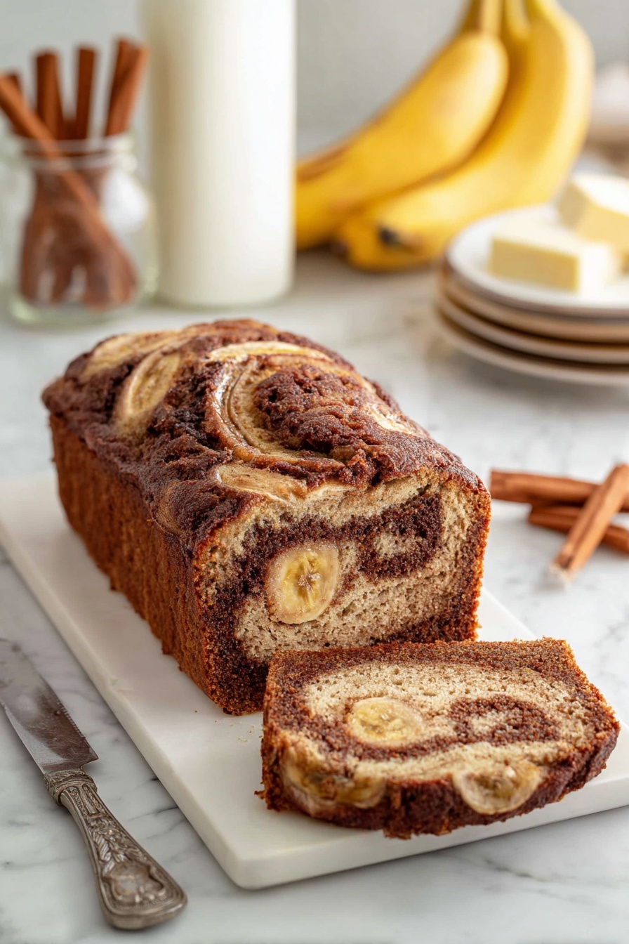 Cinnamon Banana Bread with Swirl, banana bread with cinnamon swirl, cinnamon banana loaf, moist banana bread recipe, easy cinnamon swirl bread - A sliced loaf of banana bread with a rich brown and golden swirl pattern inside rests on a white rectangular plate set on a white marbled surface. The top crust is cracked and darker brown with a slightly rough texture, and visible banana slices peek through. In the background, there is a tall glass of milk, a bunch of bananas, a small jar of cinnamon, butter on a clear dish, a few cinnamon sticks, and a stack of white plates with more banana bread slices. A vintage silver knife lies next to the plate on the marbled surface. photo taken with an iphone --ar 2:3 --v 7