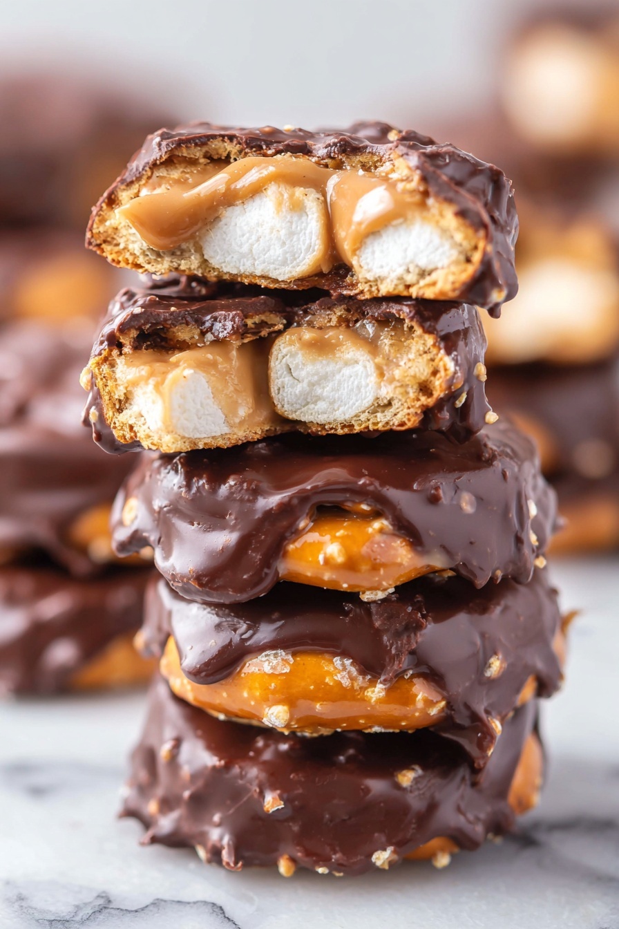 Chocolate-Dipped Peanut Butter Pretzel Bites, sweet salty snack, no-bake treat, chocolate peanut butter bites, easy party snacks - A close-up view of a stack of six candy pieces, each composed of a golden brown pretzel base with a shiny, smooth peanut butter layer on top, partially covered in thick, dark chocolate that has a glossy finish. The top candy piece is broken in half, showing the light, slightly crumbly peanut butter and white marshmallow pieces inside, with chocolate coating dripping slightly over the edges. The stack sits on a surface with a white marbled texture, and the background is softly blurred to keep the focus on the candy. photo taken with an iphone --ar 2:3 --v 7