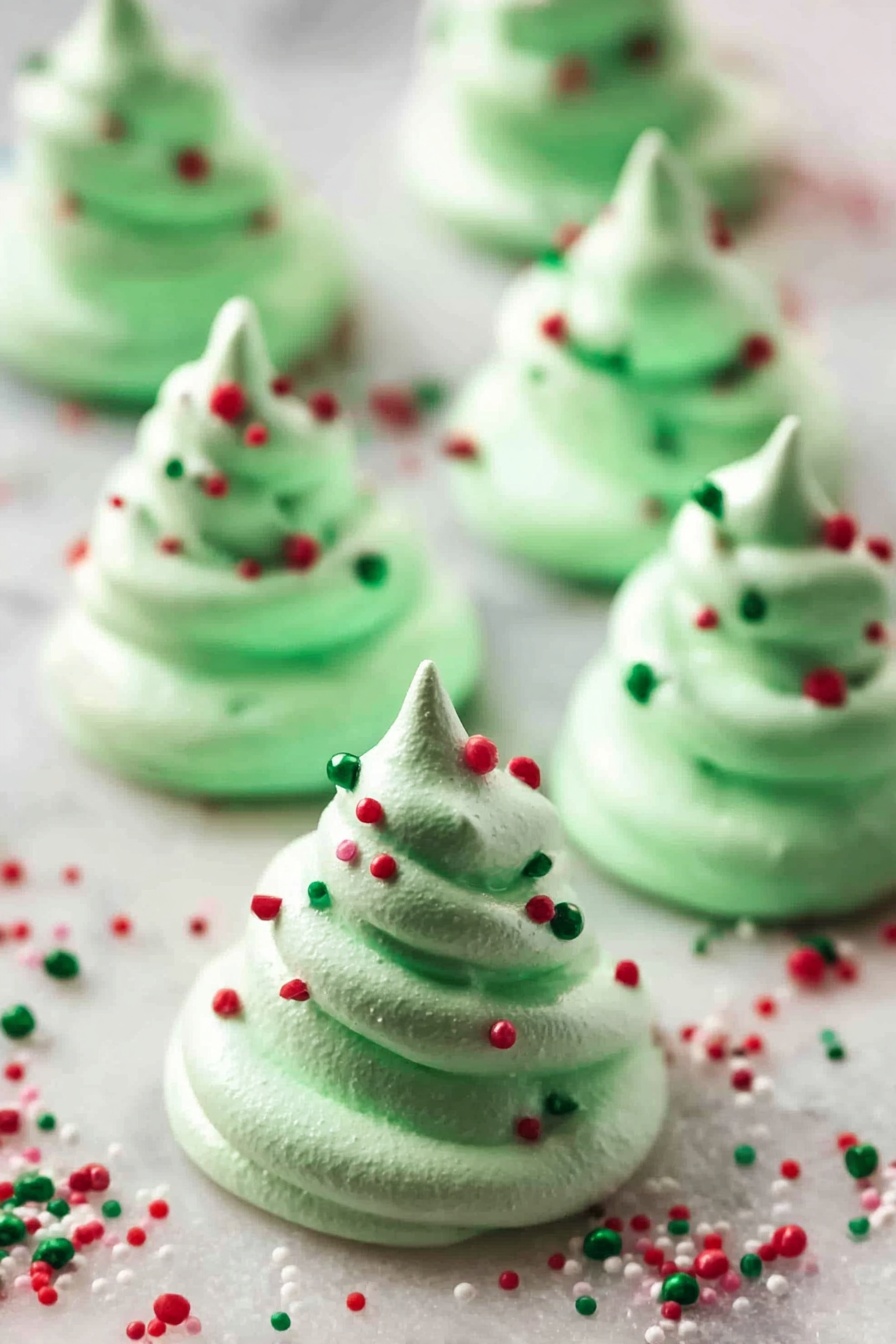 Green Christmas Meringue Trees, holiday meringue treats, festive Christmas dessert, homemade holiday meringues, colorful Christmas cookies - The image shows several small, bright green meringue cookies shaped like Christmas trees. Each tree has three distinct swirled layers stacked on top of each other, with a smooth, slightly shiny texture. The cookies are decorated with round red, green, and white confetti sprinkles scattered over them and around them on the white marbled surface beneath. The focus is on the front row of cookies, with some in the background softly blurred. photo taken with an iphone --ar 2:3 --v 7