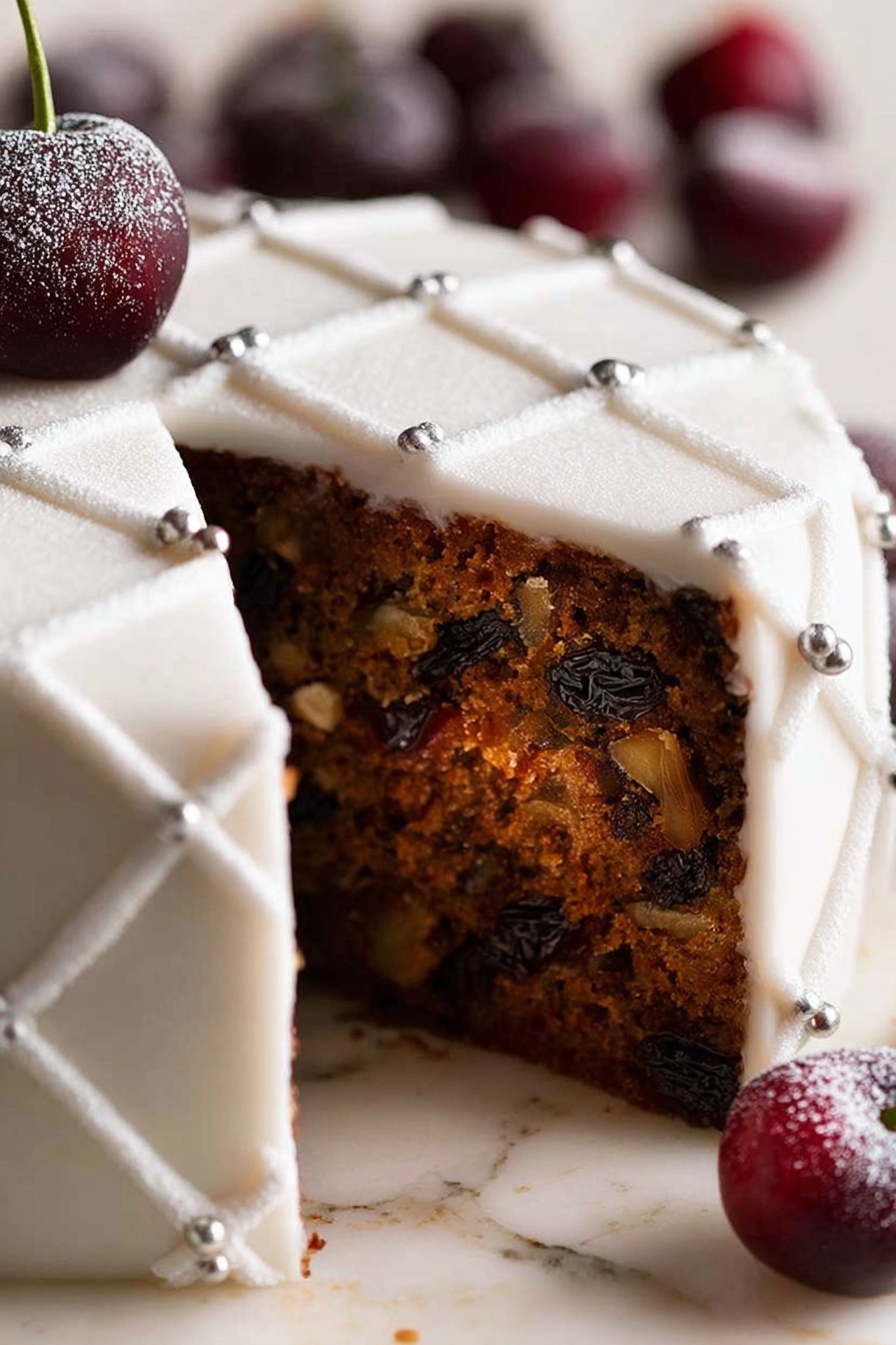 Moist Christmas Fruit Cake, Christmas Fruit Cake, holiday fruit cake recipe, festive Christmas cake, moist holiday cake - The image shows a round cake with one slice removed, revealing a dark, dense inner layer filled with bits of fruit or nuts. The cake is covered in a smooth, white fondant layer decorated with a quilted pattern made by small edible pearls at the intersections. On top, there is a pile of fresh cherries with stems, lightly dusted with white powder, some of which have fallen beside the cake. The cake sits on a round board placed on a cloth, all set on a white marbled surface. The background is softly blurred with warm tones, giving a cozy feeling. Photo taken with an iphone --ar 2:3 --v 7