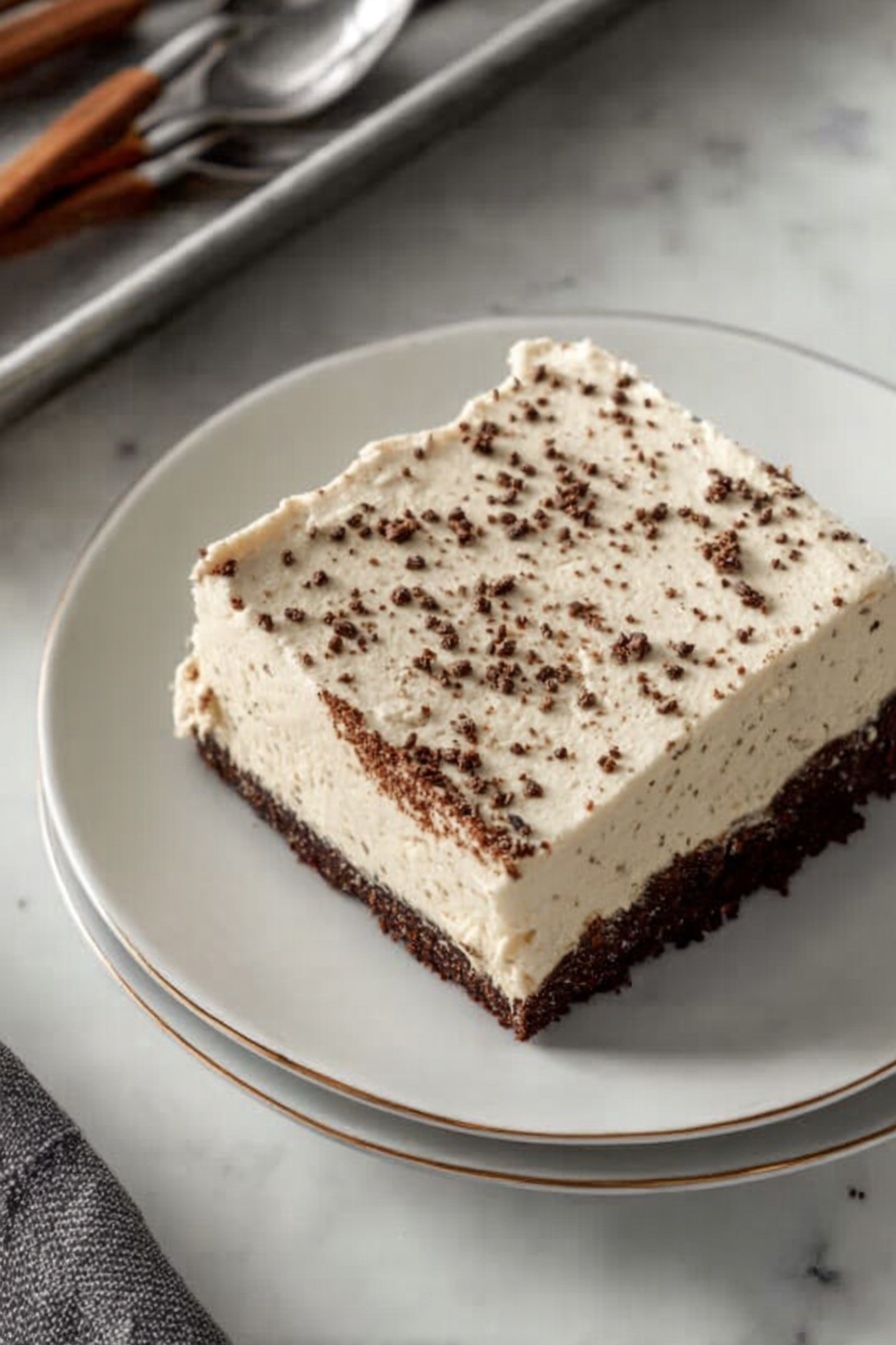Dark Chocolate Espresso Cake with Brown Butter Frosting, chocolate espresso cake recipe, decadent chocolate cake with espresso, rich brown butter frosting, sophisticated cake dessert - A close-up of a square piece of chocolate cake being held by a woman's hand with a knife, the cake has two layers: a dark, moist-looking chocolate base and a thick, creamy light beige frosting on top. The frosting is sprinkled lightly with small brown bits and has piped swirls at the edges. The piece is lifted above a metal baking pan filled with the same cake, showing the layers clearly and the smooth, decorated frosting surface underneath. The background shows a white plate with another piece of cake and a white marbled surface. Photo taken with an iphone --ar 2:3 --v 7