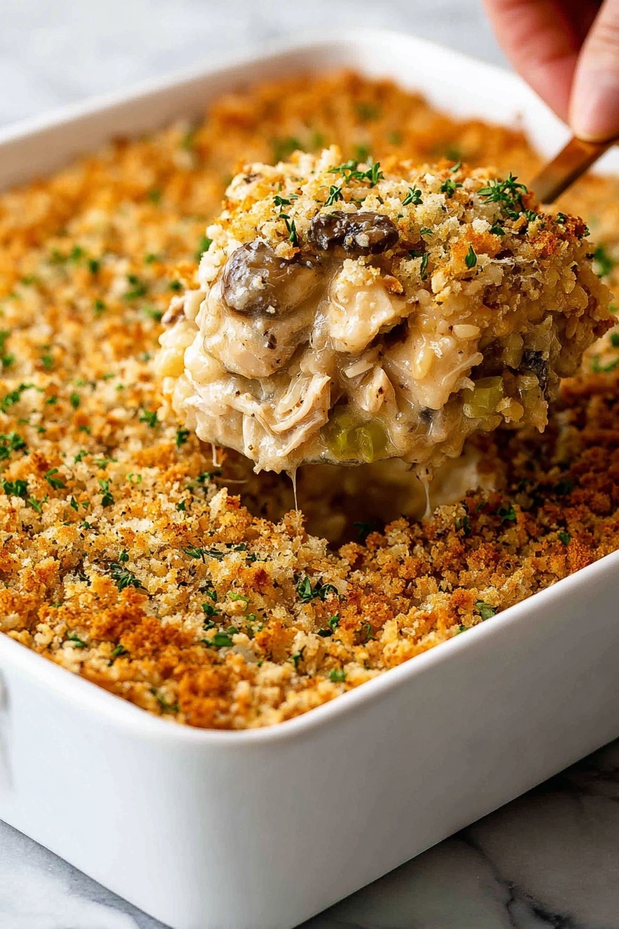 Creamy Chicken Wild Rice Casserole, chicken wild rice bake, hearty chicken casserole, comforting wild rice dish, easy chicken casserole recipe - This image shows a white baking dish filled with a creamy baked casserole. The casserole has two layers: the bottom layer is a mix of creamy chopped chicken, wild rice, mushrooms, and celery in a thick, light beige sauce, and the top layer is a golden brown, crispy breadcrumb crust sprinkled with small bits of green herbs. A woman’s hand is holding a scoop of the casserole, revealing the creamy texture and chunky ingredients inside. The dish rests on a white marbled surface. photo taken with an iphone --ar 2:3 --v 7