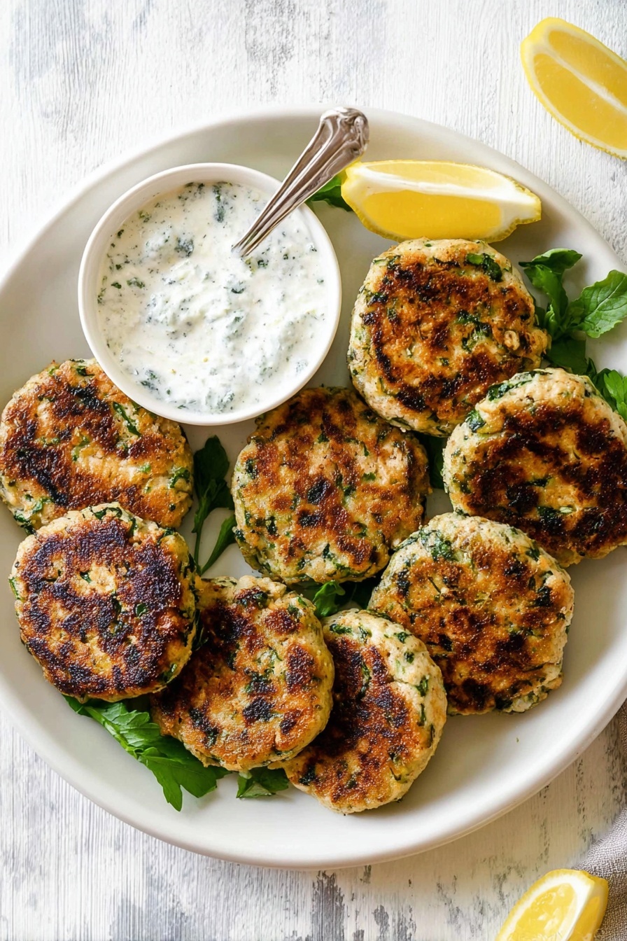 Mediterranean Chicken Patties, Greek chicken patties, healthy chicken patties, easy Mediterranean dinner, flavorful chicken burger - A round white plate on a white marbled surface holds seven golden-brown patties with visible green herb bits inside, arranged in a slightly overlapping circle. At the top left of the plate, a small white bowl filled with a creamy white sauce mixed with green herbs sits with a spoon inside. A lemon wedge is placed at the top right edge of the plate, adding a touch of bright yellow. Fresh green herb leaves are scattered underneath some patties for decoration. Photo taken with an iphone --ar 2:3 --v 7