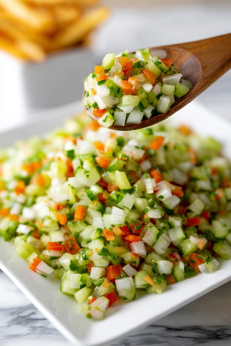 Dill Pickle Salsa, easy pickle salsa, fresh salsa recipes, tangy pickle dip, crunchy cucumber salsa - A close-up image of a white square plate filled with finely chopped vegetables arranged in a loose pile. The vegetables include small cubes of green cucumber, white onion, and bright orange carrot, creating a colorful mix. A wooden spoon is lifting a portion of the chopped vegetables above the plate, showing texture and freshness. The plate is set on a white marbled surface, and a blurred container of fries is seen in the background on the right. Photo taken with an iphone --ar 2:3 --v 7