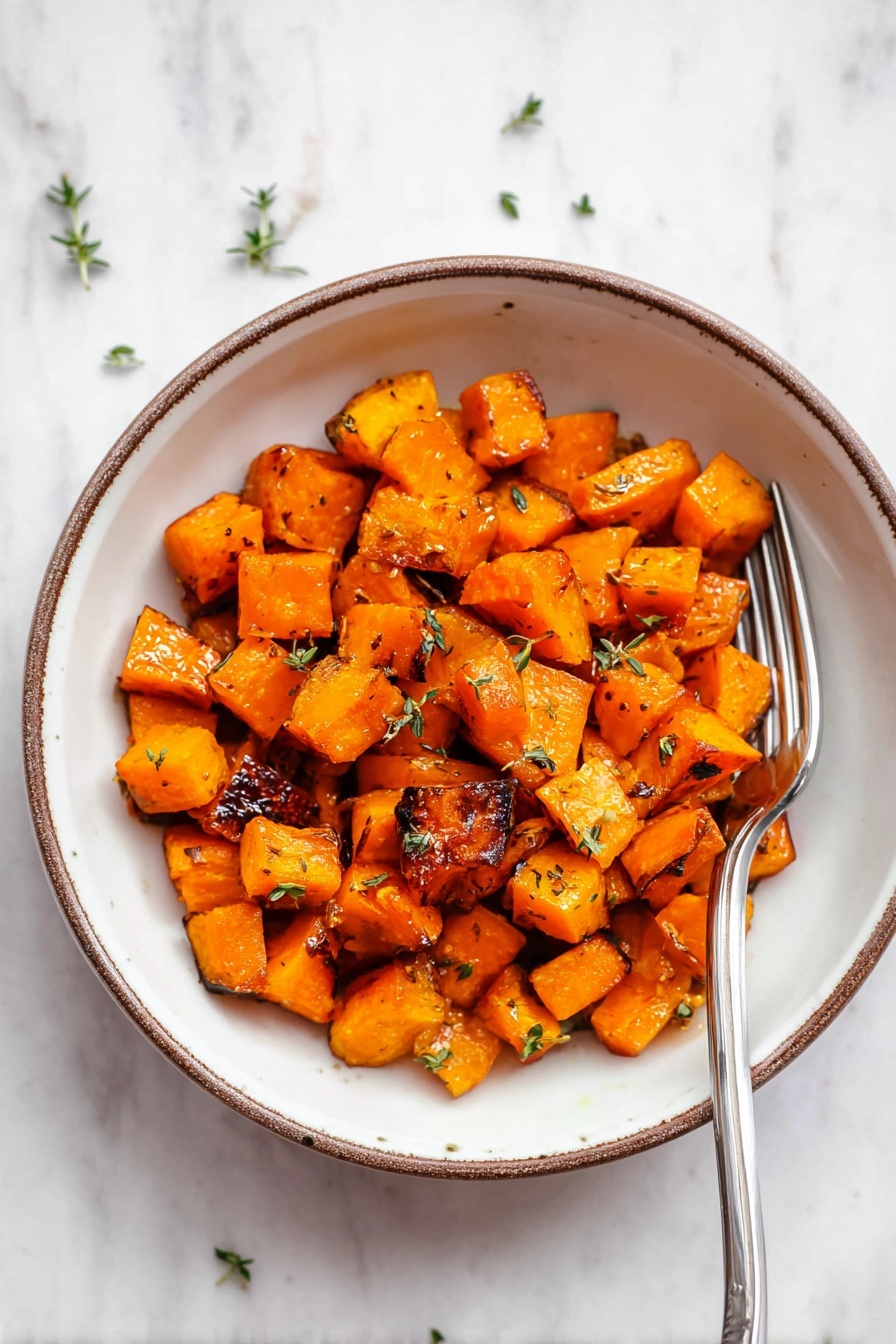 Roasted Butternut Squash with Brown Butter, roasted butternut squash, brown butter side dish, fall vegetable recipes, cozy autumn sides - The image shows a white bowl with a thin brown rim filled with small cubed roasted orange vegetables, likely sweet potatoes or butternut squash, some pieces have browned edges for a slightly charred look. The roasted cubes are shiny with a light glaze and sprinkled with small green herb leaves, possibly thyme, scattered across both the bowl and the white marbled surface underneath. A silver fork with a simple design is placed inside the bowl resting on the right side among the vegetables. The overall presentation has warm orange and green tones set against the clean white bowl and white marbled texture background. photo taken with an iphone --ar 2:3 --v 7