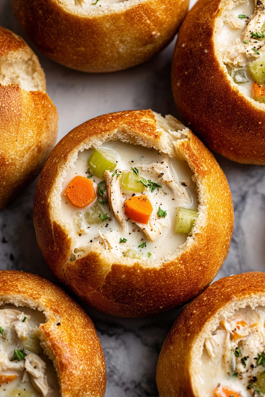 Creamy Chicken Noodle Soup, creamy chicken noodle soup, comforting chicken noodle soup, easy chicken noodle soup, hearty creamy soup - The image shows a close-up of several round bread bowls with golden-brown crusts, each filled with creamy white chicken soup. The soup inside has visible layers of lightly cooked orange carrot slices, pale green celery pieces, and white shredded chicken, topped with small sprigs of green herbs and a bit of black pepper. The bread bowls have their tops removed and placed nearby, showing the soft white interior of the bread. The arrangement is set on a surface with a white marbled texture. photo taken with an iphone --ar 2:3 --v 7
