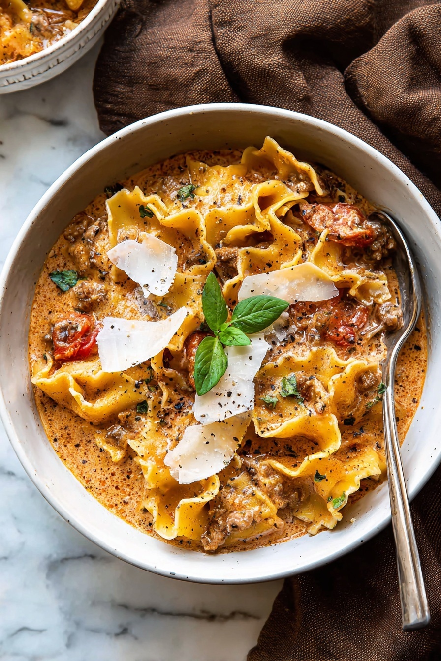 Spicy Lasagna Soup, Italian soup recipes, easy weeknight dinners, cheesy soup recipes, spicy sausage soup - A white bowl filled with a creamy tomato pasta soup showing three layers: the first layer is a light orange creamy broth with small chunks of red tomatoes and herbs mixed throughout, the second layer features large, wavy-edged lasagna noodles partially submerged and curling at the edges in yellow tones, and the top layer is sprinkled with thin white cheese shavings and small green herb leaves scattered across the surface. The bowl sits on a light brown fabric, with a blurred background that hints at a dark wooden table and a metallic pot with dark liquid nearby. Photo taken with an iphone --ar 2:3 --v 7