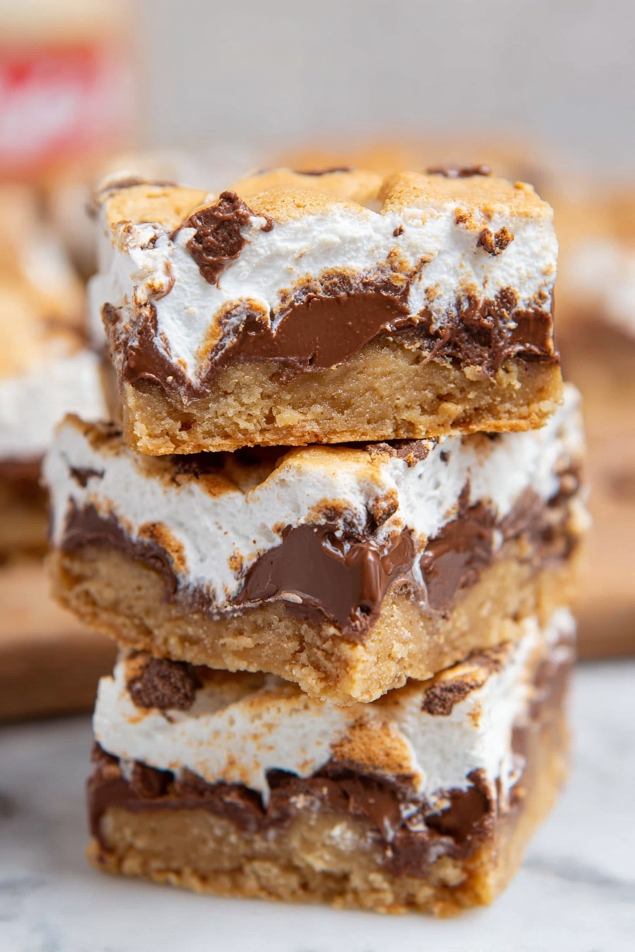 Cookie Butter S'mores Blondies, cookie butter blondies, s'mores blondies recipe, easy blondies with cookie butter, decadent s'mores dessert - A close-up top view of a rectangular white tray lined with shiny silver foil, filled with a thick layer of light brown mixture that looks wet and unevenly spread, with bubbles and small lumps visible across the surface, giving it a textured look. The tray is placed on a white marbled surface, with a cracked eggshell piece partially visible near the top right corner. The photo taken with an iphone --ar 2:3 --v 7