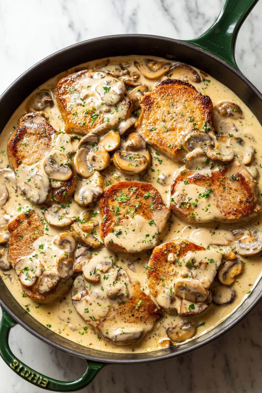 Creamy Mushroom Pork Tenderloin, Pork Tenderloin with Mushroom Sauce, Easy Pork Tenderloin Recipes, Juicy Pork Medallions with Mushrooms, Elegant weeknight dinner ideas - The image shows a black pan with a green handle filled with evenly spaced cooked pork slices in a creamy sauce. The top layer is mushrooms, light to medium brown, floating in a thick, smooth pale beige creamy sauce that covers the pork and fills the pan. The pork slices have a golden brown crust on the edges, with the creamy sauce and mushrooms resting over and around them. Small green bits of chopped herbs are sprinkled across the dish, adding a touch of color contrast. The pan sits on a white marbled surface. Photo taken with an iphone --ar 2:3 --v 7