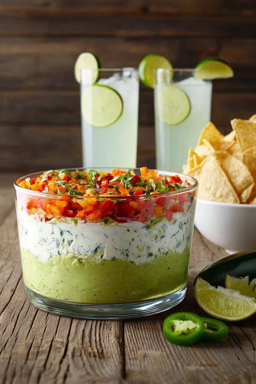 Creamy Guacamole with Cotija and Confetti Salsa, layered guacamole dip, festive avocado dip, Mexican-inspired guacamole, colorful salsa recipe - A clear glass bowl sits on a wooden table with three distinct layers of dip inside: the bottom layer is smooth green guacamole, the middle layer is a creamy white sour cream mix with herbs, and the top layer is a colorful mix of finely chopped red tomatoes, orange bell peppers, and green herbs. Behind the bowl, two clear glasses filled with a light green drink garnished with lime slices are placed, along with a tall white bowl filled with light yellow tortilla chips. Lime wedges and a halved green jalapeño pepper lie on the table next to the bowls. The background features a dark wooden wall, and the surface is replaced with a white marbled texture. photo taken with an iphone --ar 2:3 --v 7