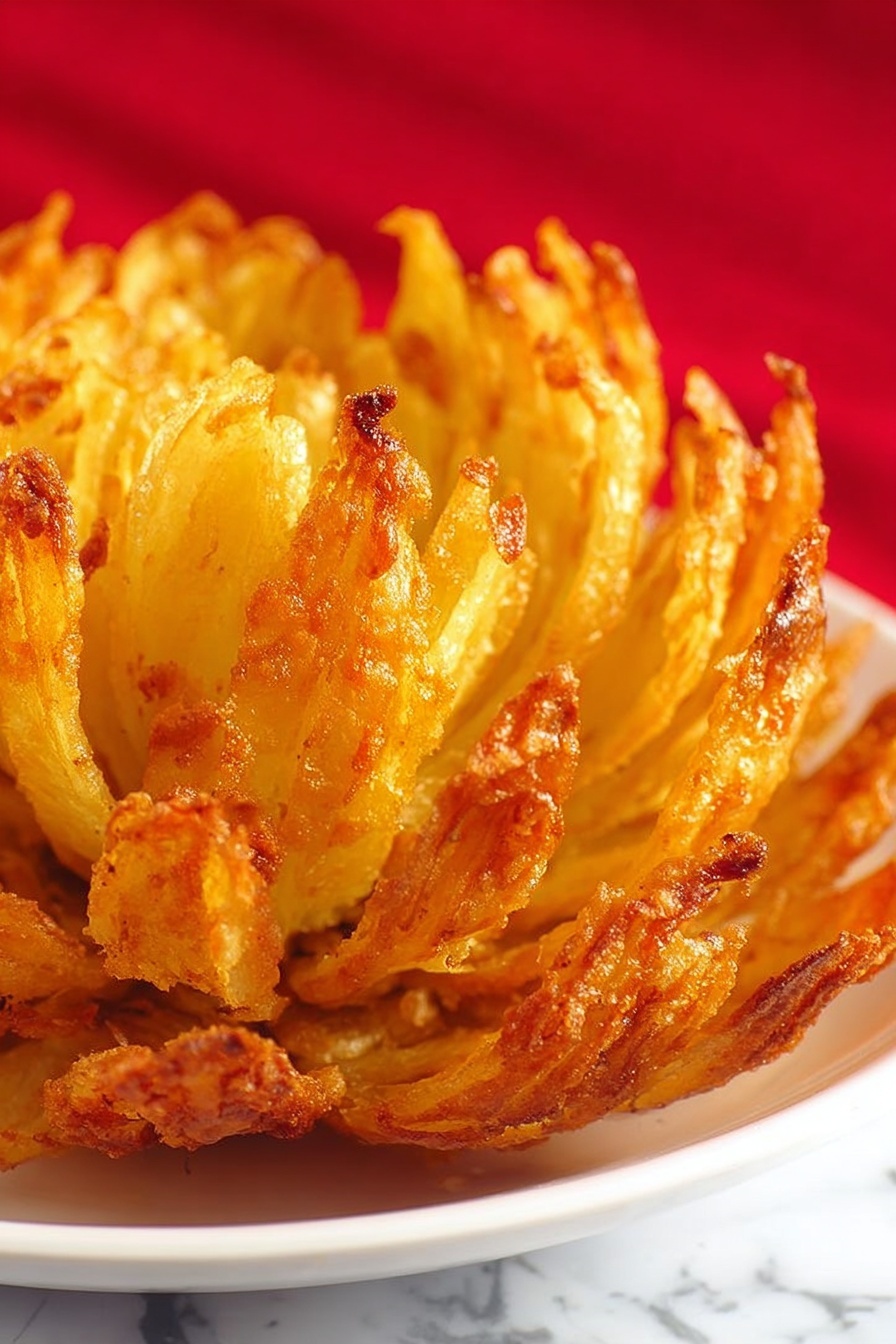Perfect Blooming Onion, crispy onion appetizer, homemade blooming onion, onion flower recipe, baked onion bloom - The image shows a close-up of a blooming onion, with many thick, crispy, golden-yellow petal-like layers fanning out from the center on a white plate. Each layer has a crunchy texture with a slightly rough surface, and the edges are darker golden brown, showing it is fried. The background has a bright red cloth and a white marbled surface that contrasts with the warm tones of the onion. The photo taken with an iphone --ar 2:3 --v 7