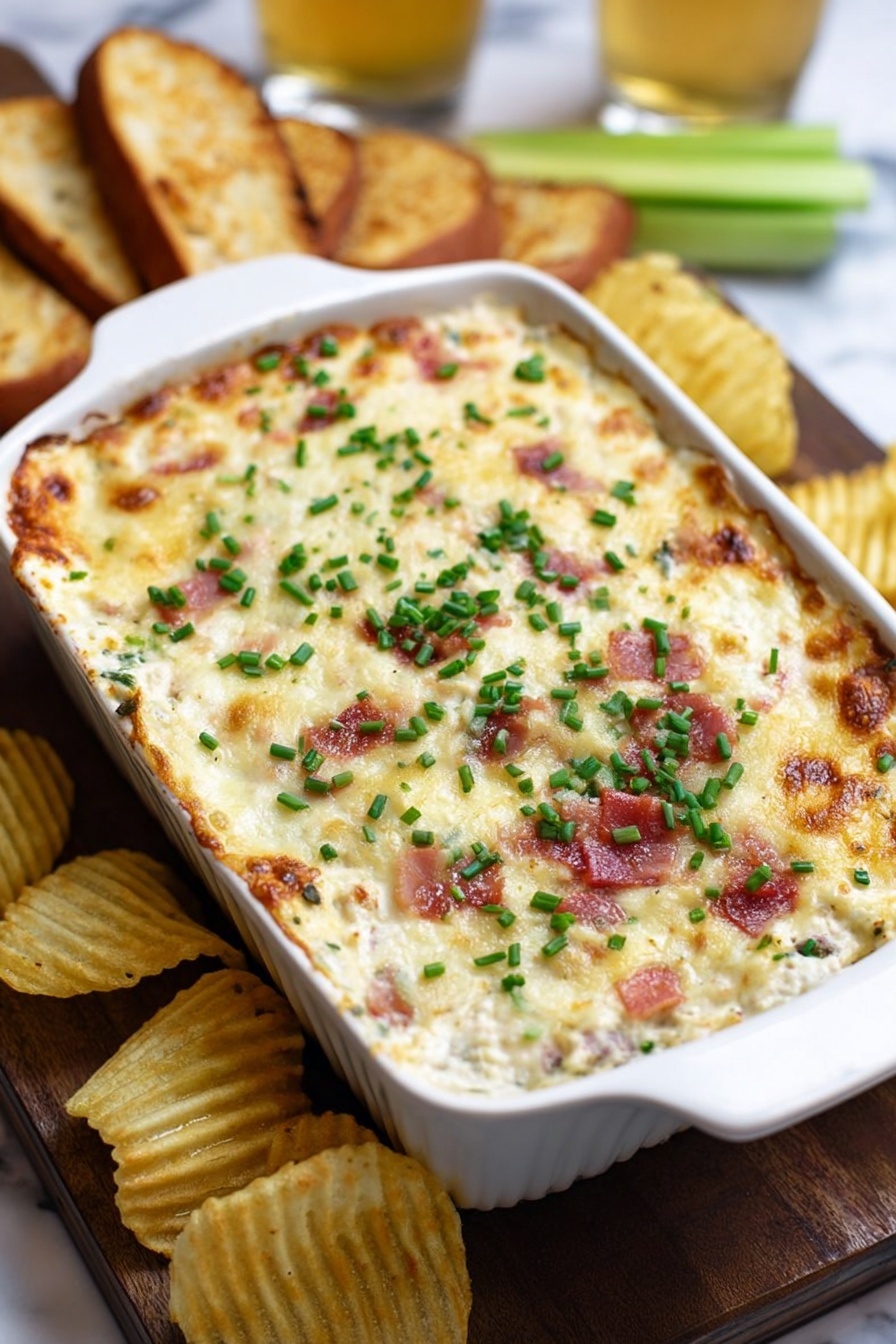 Baked Bacon Blue Cheese Dip, blue cheese dip recipe, bacon dip appetizer, creamy cheese dip, crowd-pleasing party dip - A white rectangular baking dish holds a creamy baked dip with a golden-brown top sprinkled generously with bright green chopped chives. The dip’s surface is bubbly and slightly browned in spots, showing a rich, cheesy texture mixed with small bits of bacon or similar ingredients. The dish sits on a wooden board alongside golden toasted bread slices and several ridged potato chips, with a blurry green celery stick and a glass of beer in the background, all placed on a white marbled surface. photo taken with an iphone --ar 2:3 --v 7