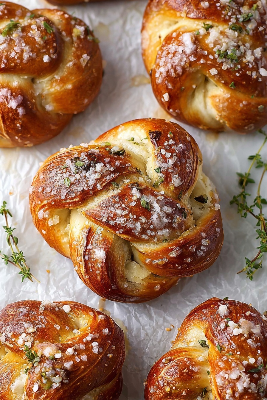 Mozzarella Stuffed Rosemary Soft Pretzels, cheesy soft pretzel recipe, homemade stuffed pretzels, rosemary infused pretzels, cheesy savory pretzel snacks - The image shows four golden-brown knotted bread rolls with a soft, slightly shiny top layer that is speckled with small green herb bits and a light dusting of white powder. Each roll has thick dough twisted into a knot shape, revealing a creamy white filling inside the folds, contrasting with the golden crust. The rolls rest on a beige baking mat with a red border, placed on a white marbled surface that has a few fresh rosemary sprigs scattered around. The texture of the bread looks fluffy inside and crisp on the outside, with some uneven browning adding a homemade feel. photo taken with an iphone --ar 2:3 --v 7
